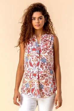 Roman Red Paisley Print Sleeveless Top