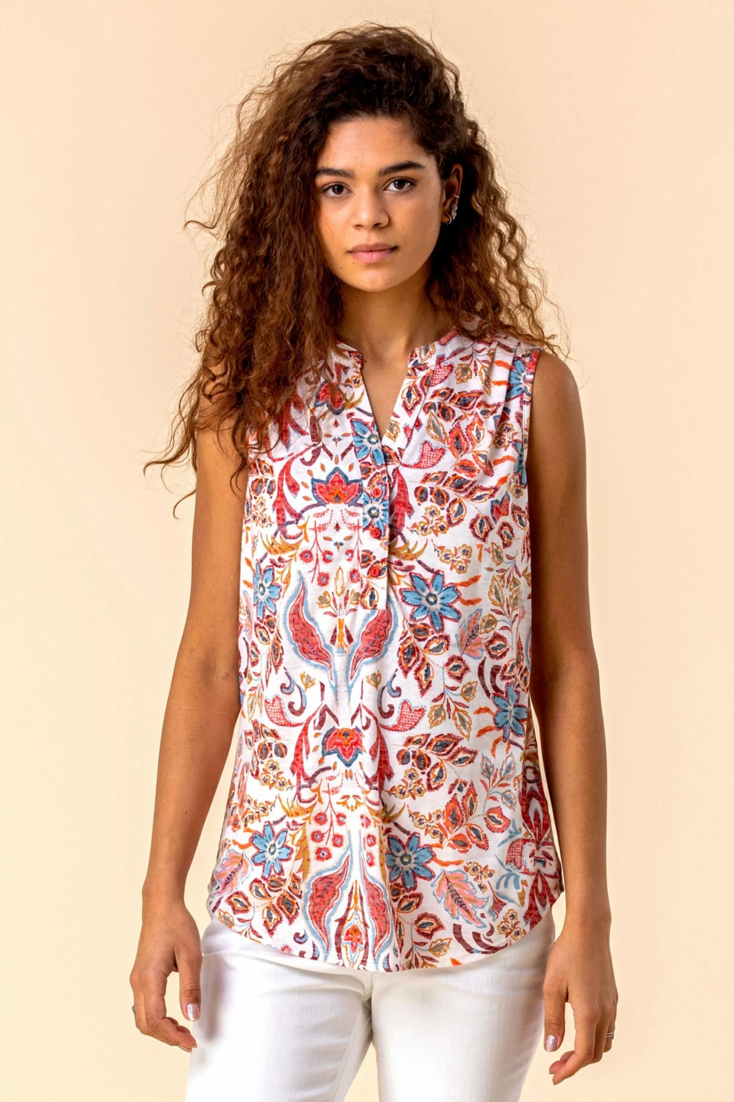 Roman Red Paisley Print Sleeveless Top 3 Roman Red Paisley Print Sleeveless Top