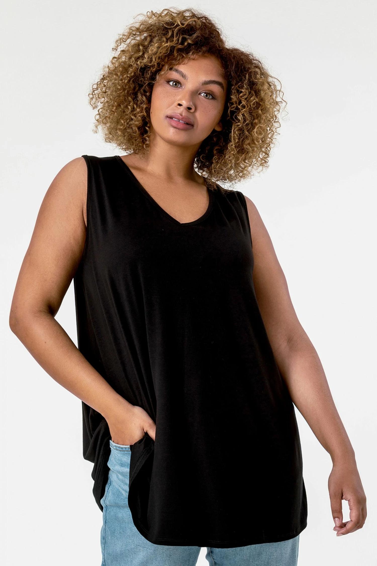 Roman Black Curve Plain V-Neck Vest Top 5 Roman Black Curve Plain V-Neck Vest Top - Image 3