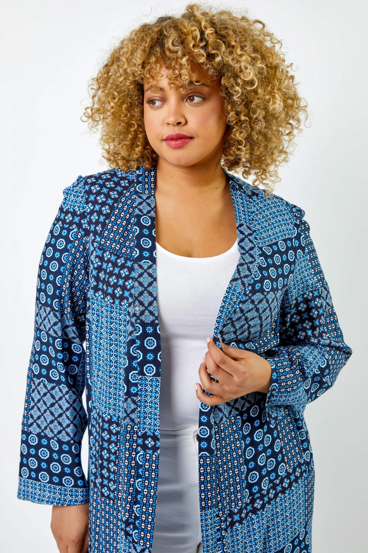 Roman Blue Curve Geo Patchwork Print Longline Kimono 6 Roman Blue Curve Geo Patchwork Print Longline Kimono - Image 4