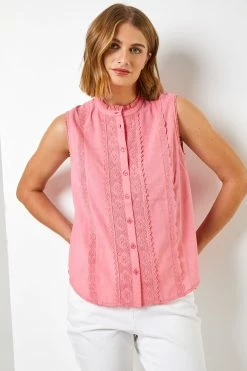 Roman Pink Crochet Trim Button Through Blouse