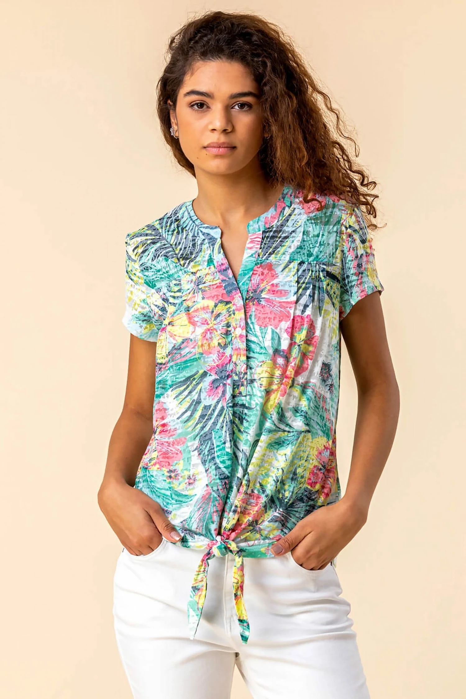 Roman Black Tie Hem Tropical Print Top 3 Roman Black Tie Hem Tropical Print Top