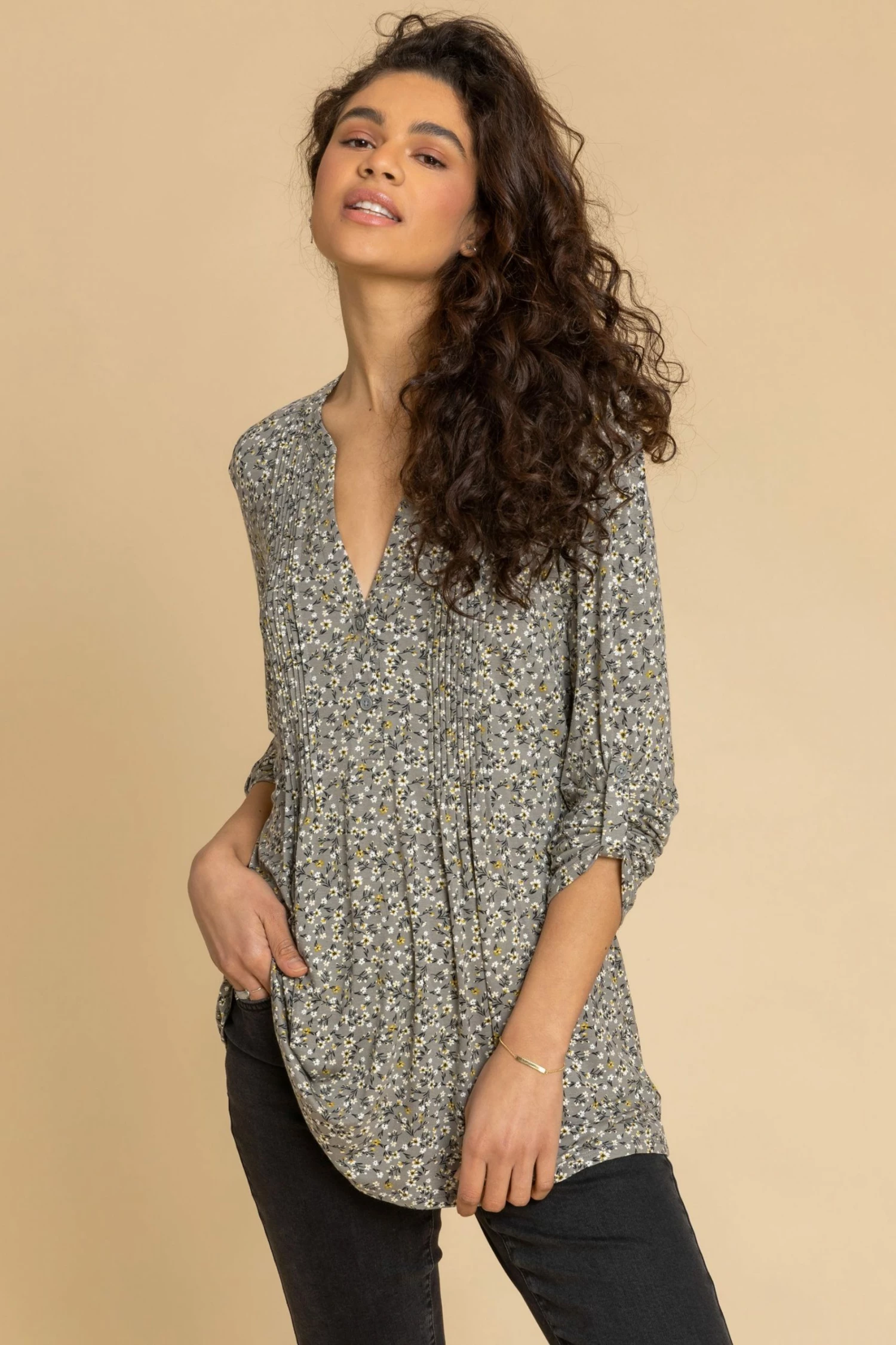 Roman Green Ditsy Floral Print Pintuck Jersey Shirt 3 Roman Green Ditsy Floral Print Pintuck Jersey Shirt