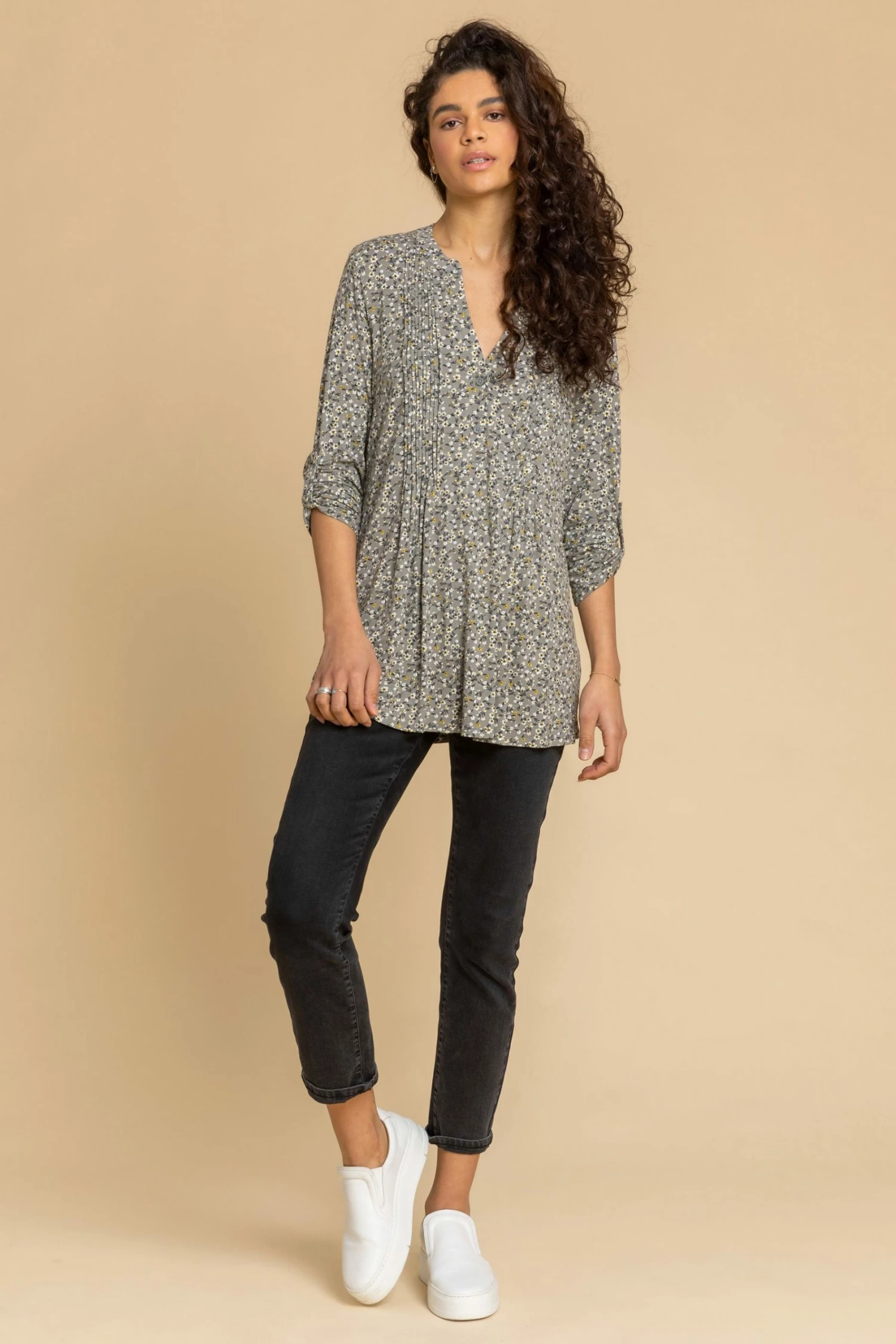 Roman Green Ditsy Floral Print Pintuck Jersey Shirt 5 Roman Green Ditsy Floral Print Pintuck Jersey Shirt - Image 3