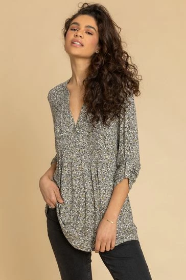 Roman Green Ditsy Floral Print Pintuck Jersey Shirt 7 Roman Green Ditsy Floral Print Pintuck Jersey Shirt - Image 5