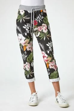 Roman Black Floral Print Roll Hem Lounge Jogger