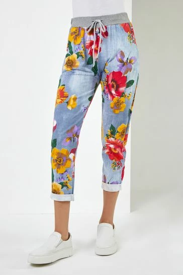 Roman Black Floral Print Roll Hem Lounge Jogger 8 Roman Black Floral Print Roll Hem Lounge Jogger - Image 6