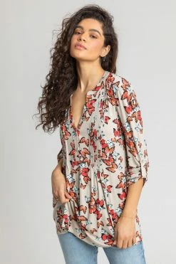 Roman Brown Butterfly Print Pintuck Jersey Shirt