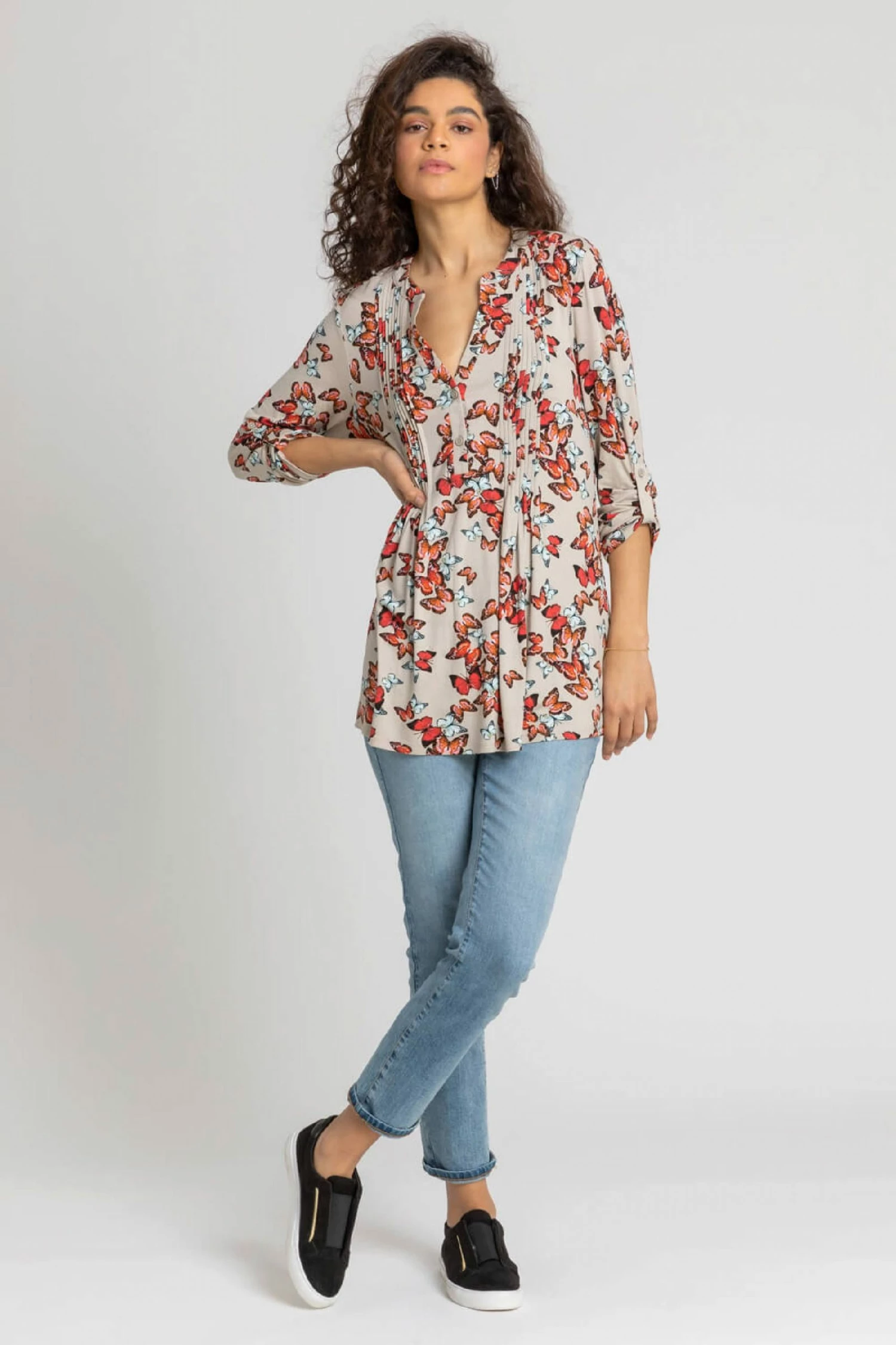 Roman Brown Butterfly Print Pintuck Jersey Shirt 5 Roman Brown Butterfly Print Pintuck Jersey Shirt - Image 3