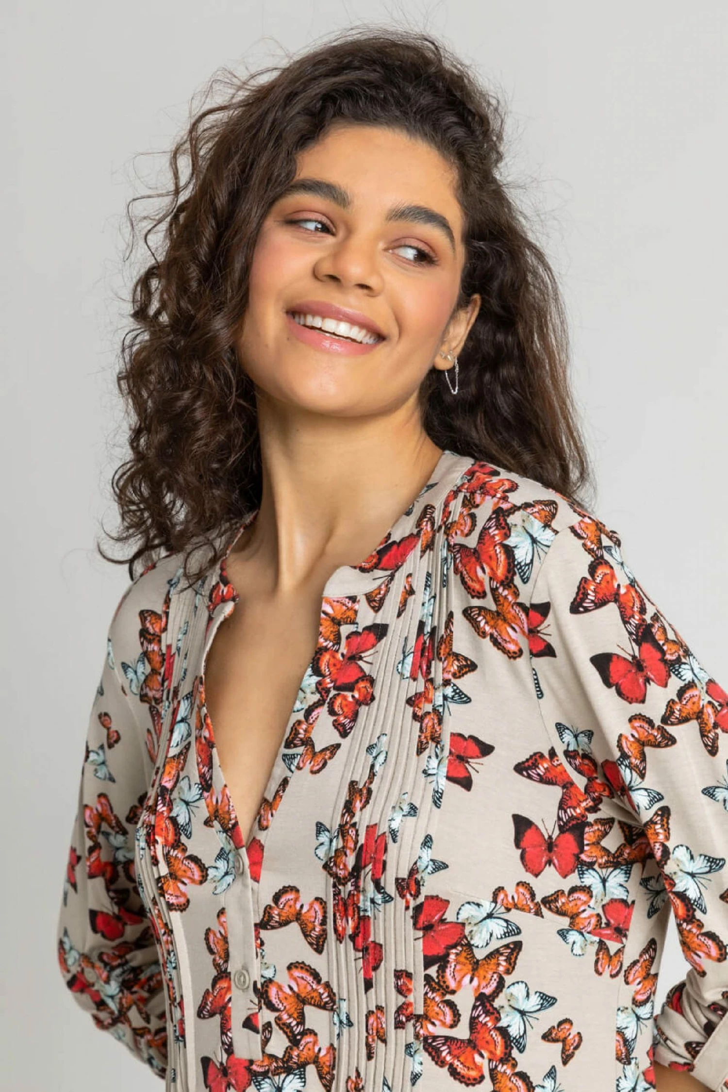 Roman Brown Butterfly Print Pintuck Jersey Shirt 6 Roman Brown Butterfly Print Pintuck Jersey Shirt - Image 4