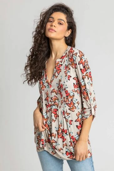 Roman Brown Butterfly Print Pintuck Jersey Shirt 7 Roman Brown Butterfly Print Pintuck Jersey Shirt - Image 5