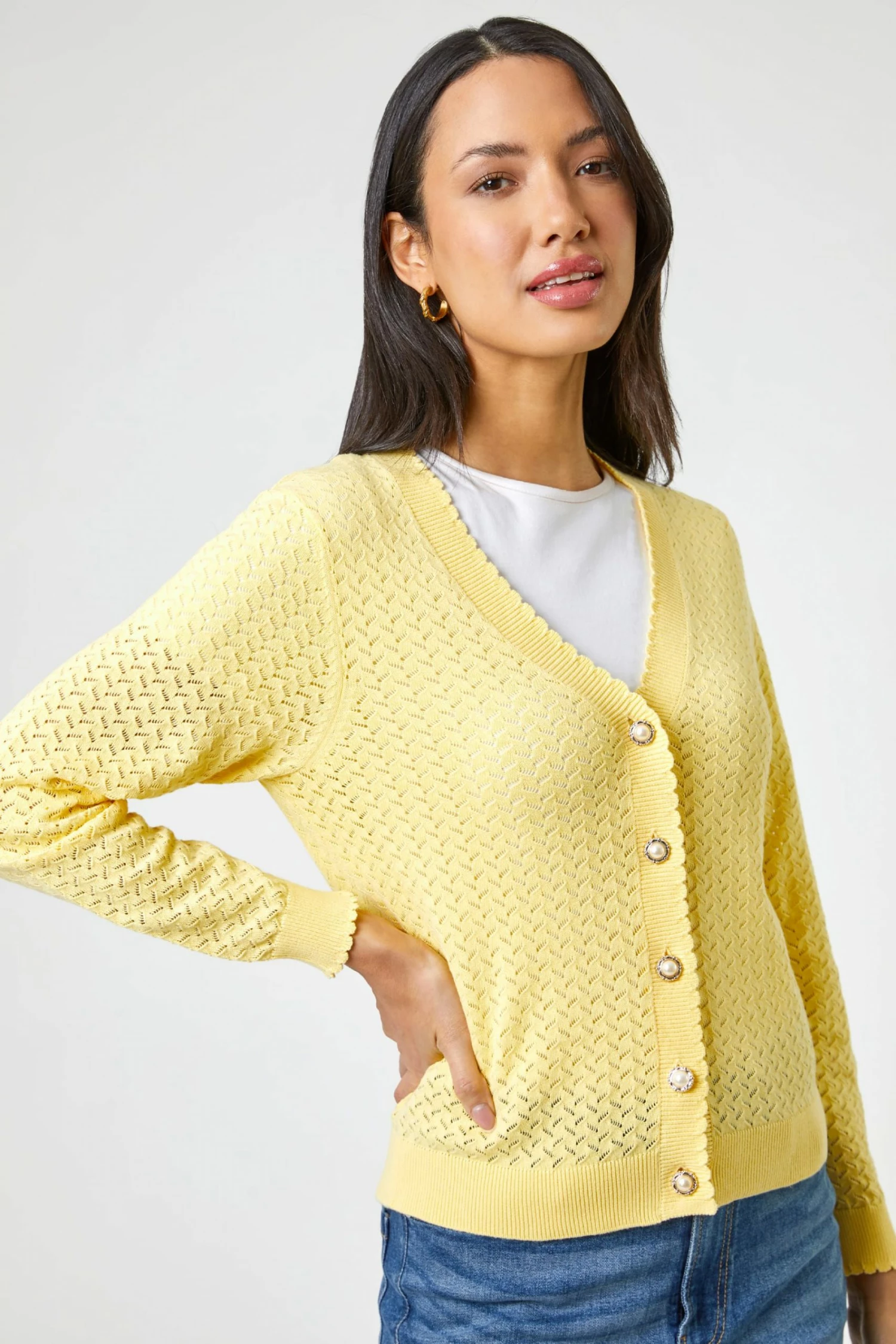 Roman Yellow Textured V-Neck Button Detail Cardigan 4 Roman Yellow Textured V-Neck Button Detail Cardigan - Image 2