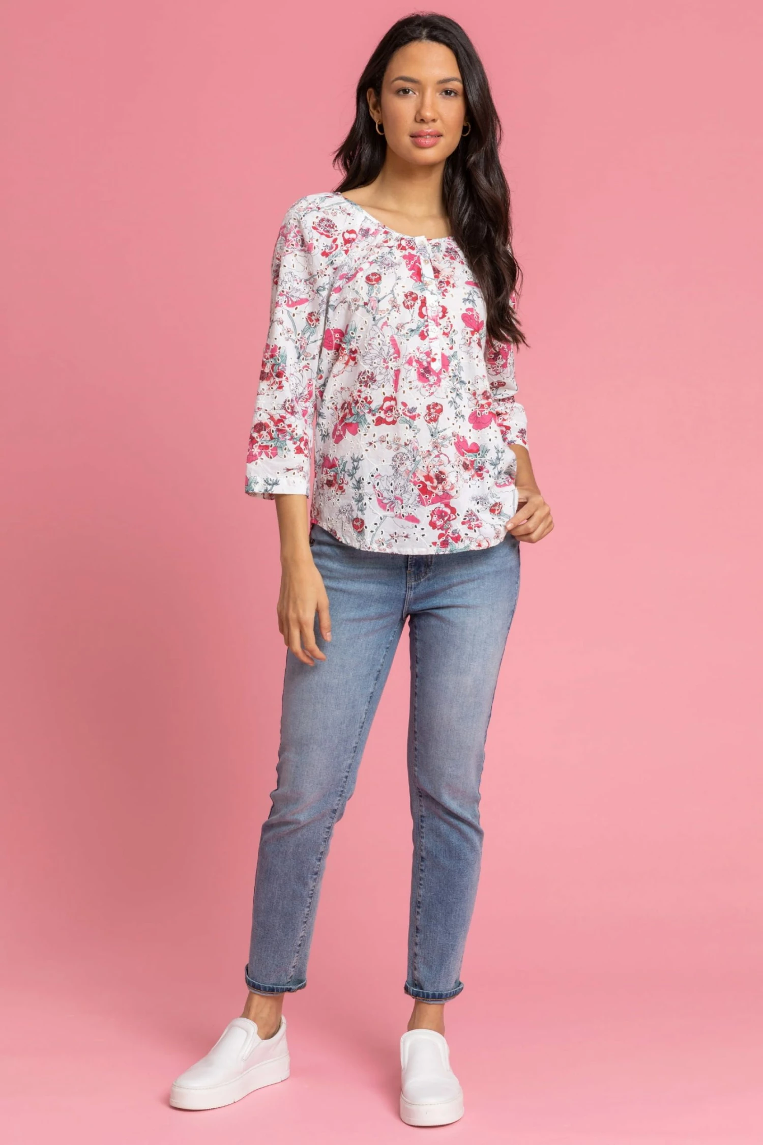 Roman Pink Broderie Floral Print Button Top 4 Roman Pink Broderie Floral Print Button Top - Image 2