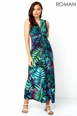 Roman Green Tropical Print Maxi Dress