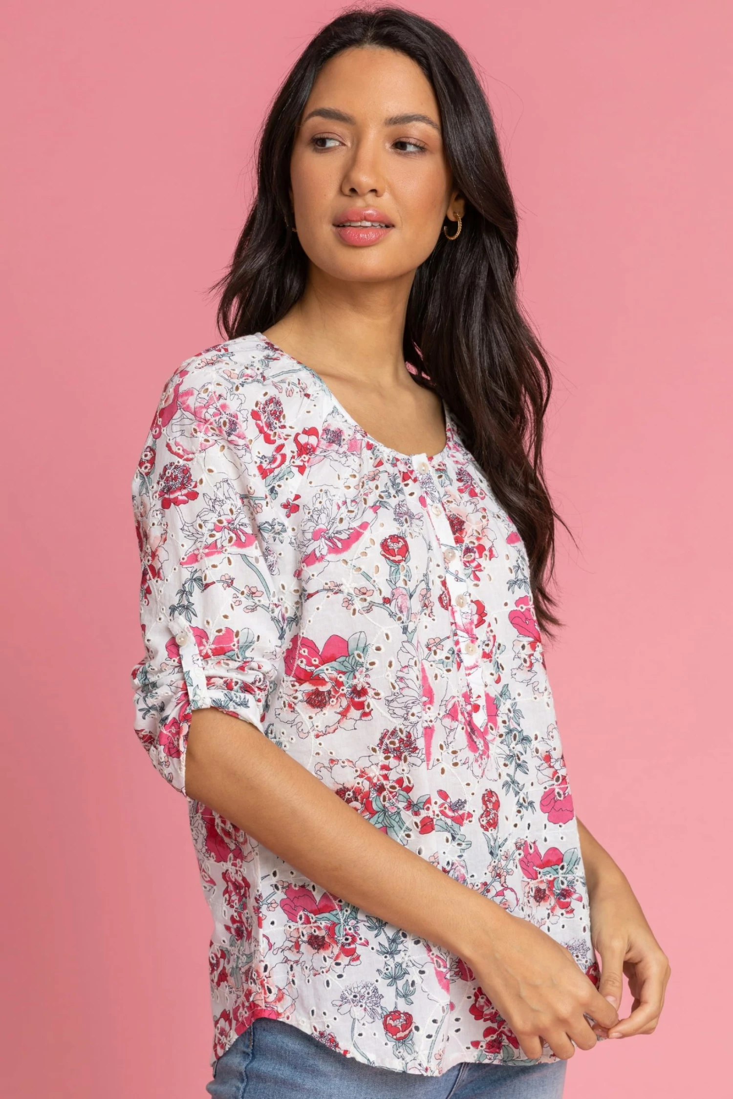 Roman Pink Broderie Floral Print Button Top 6 Roman Pink Broderie Floral Print Button Top - Image 4