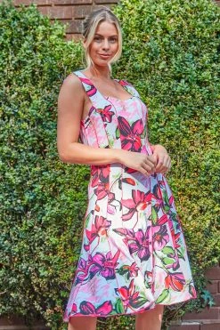 Roman Pink Floral Print Panel Fit And Flare Dress