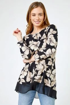 Roman Black Petite Floral Print Chiffon Hem Top