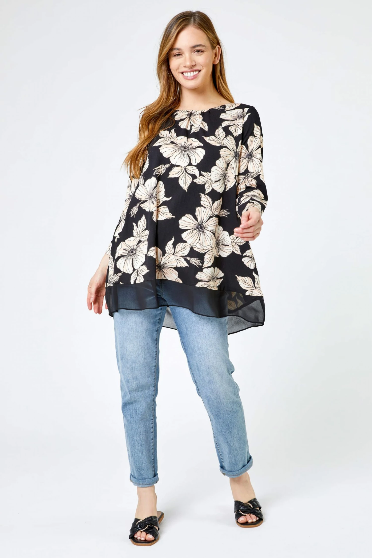 Roman Black Petite Floral Print Chiffon Hem Top 5 Roman Black Petite Floral Print Chiffon Hem Top - Image 3