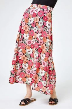 Roman Pink Petite Floral Print A-Line Skirt