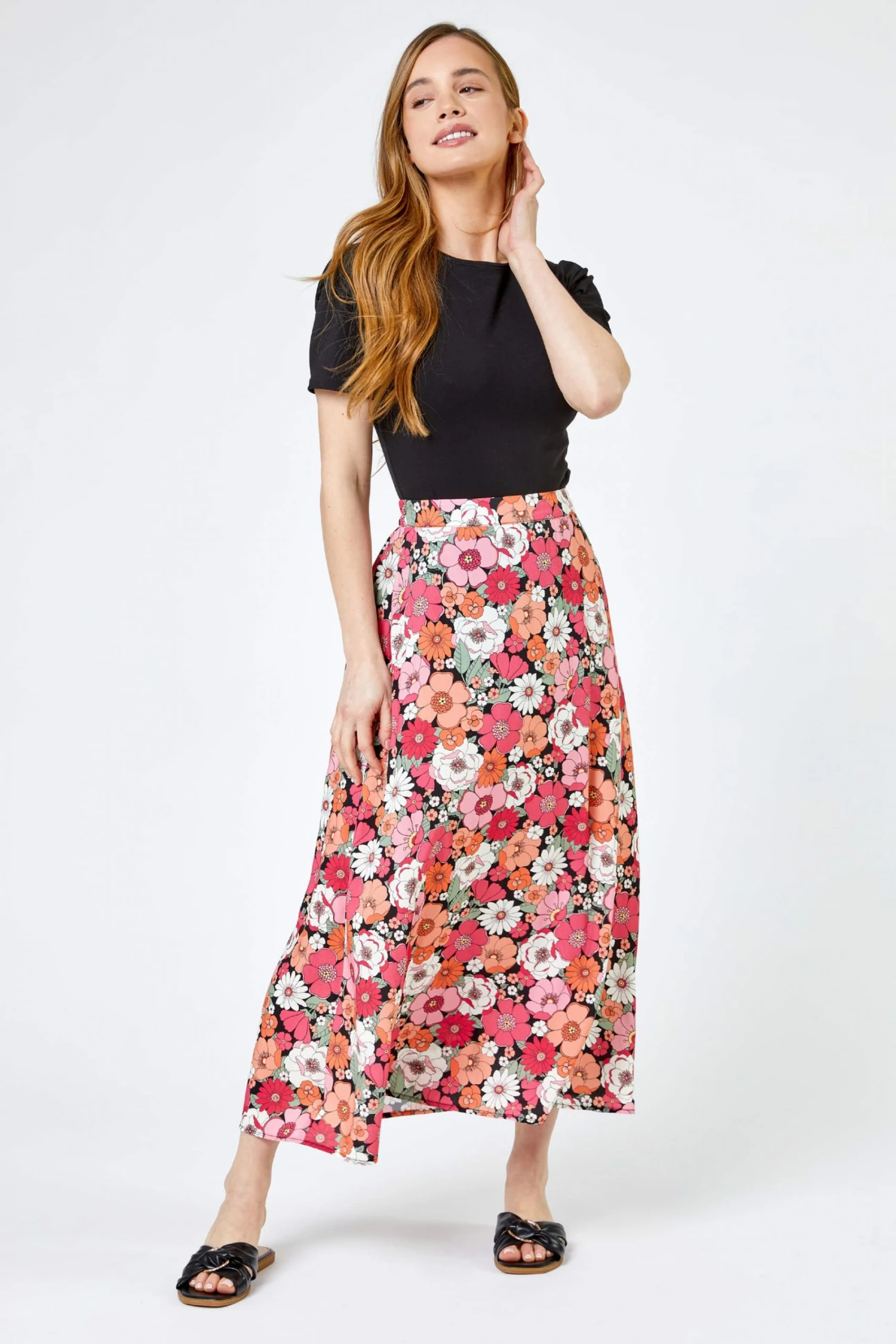 Roman Pink Petite Floral Print A-Line Skirt 5 Roman Pink Petite Floral Print A-Line Skirt - Image 3