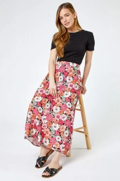 Roman Pink Petite Floral Print A-Line Skirt 10 Roman Pink Petite Floral Print A-Line Skirt -Roman Sales Shop unnamed file 12924