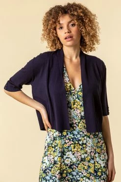 Roman Navy Button Detail Collared Shrug