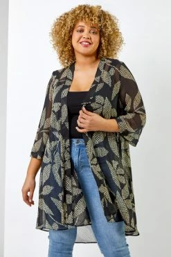 Roman Black Curve Spot Leaf Print Dipped Hem Kimono