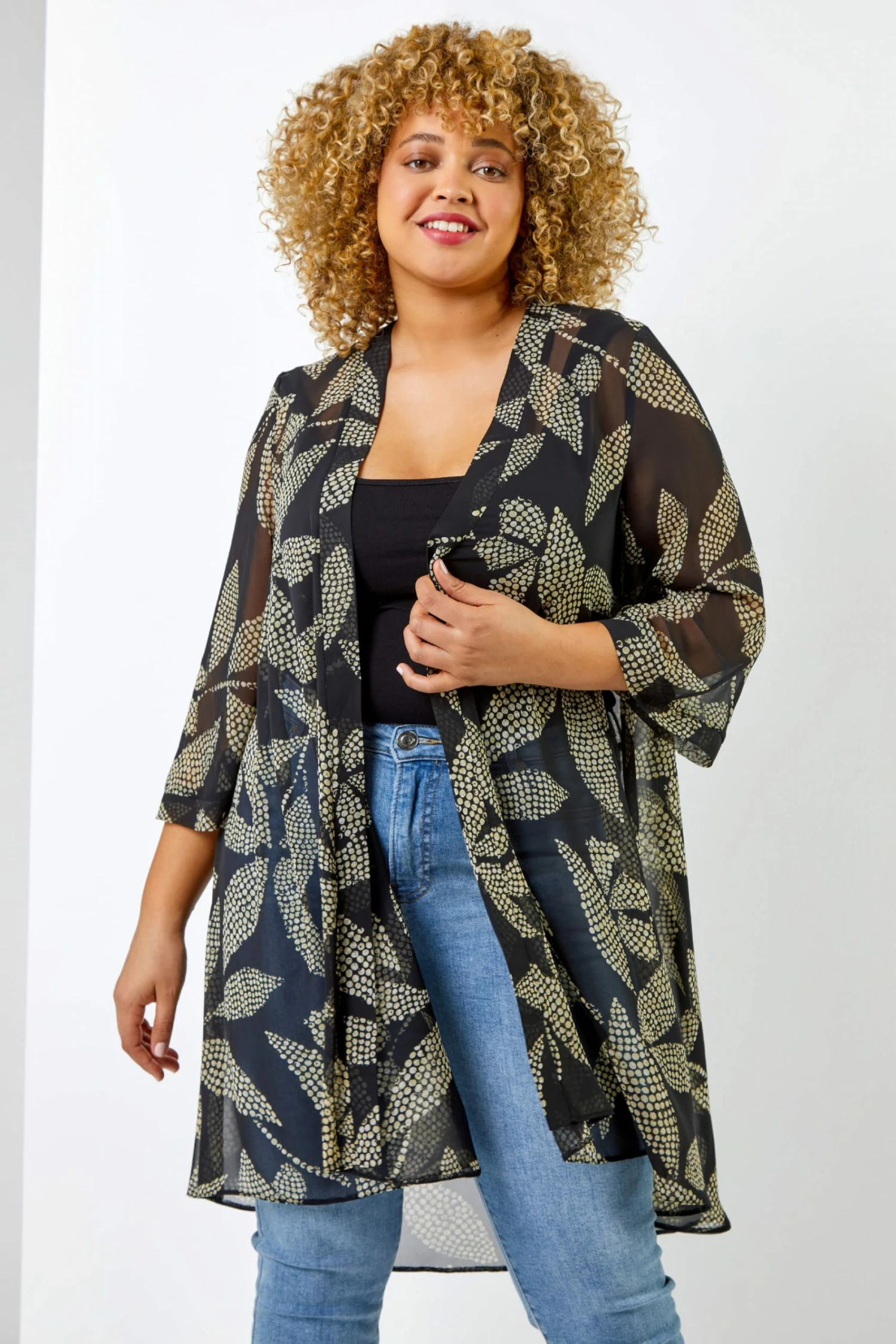 Roman Black Curve Spot Leaf Print Dipped Hem Kimono 3 Roman Black Curve Spot Leaf Print Dipped Hem Kimono