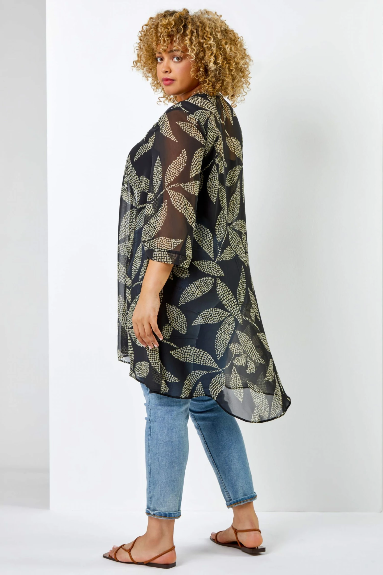 Roman Black Curve Spot Leaf Print Dipped Hem Kimono 4 Roman Black Curve Spot Leaf Print Dipped Hem Kimono - Image 2
