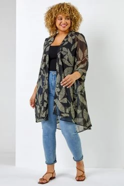 Roman Black Curve Spot Leaf Print Dipped Hem Kimono 10 Roman Black Curve Spot Leaf Print Dipped Hem Kimono -Roman Sales Shop unnamed file 12941