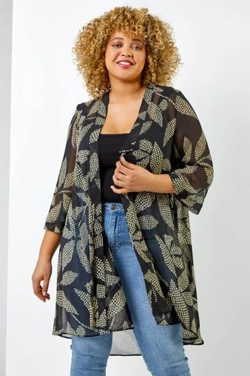 Roman Black Curve Spot Leaf Print Dipped Hem Kimono 7 Roman Black Curve Spot Leaf Print Dipped Hem Kimono - Image 5