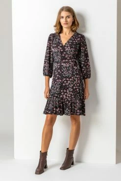 Roman Black Ditsy Floral Frilled Wrap Dress