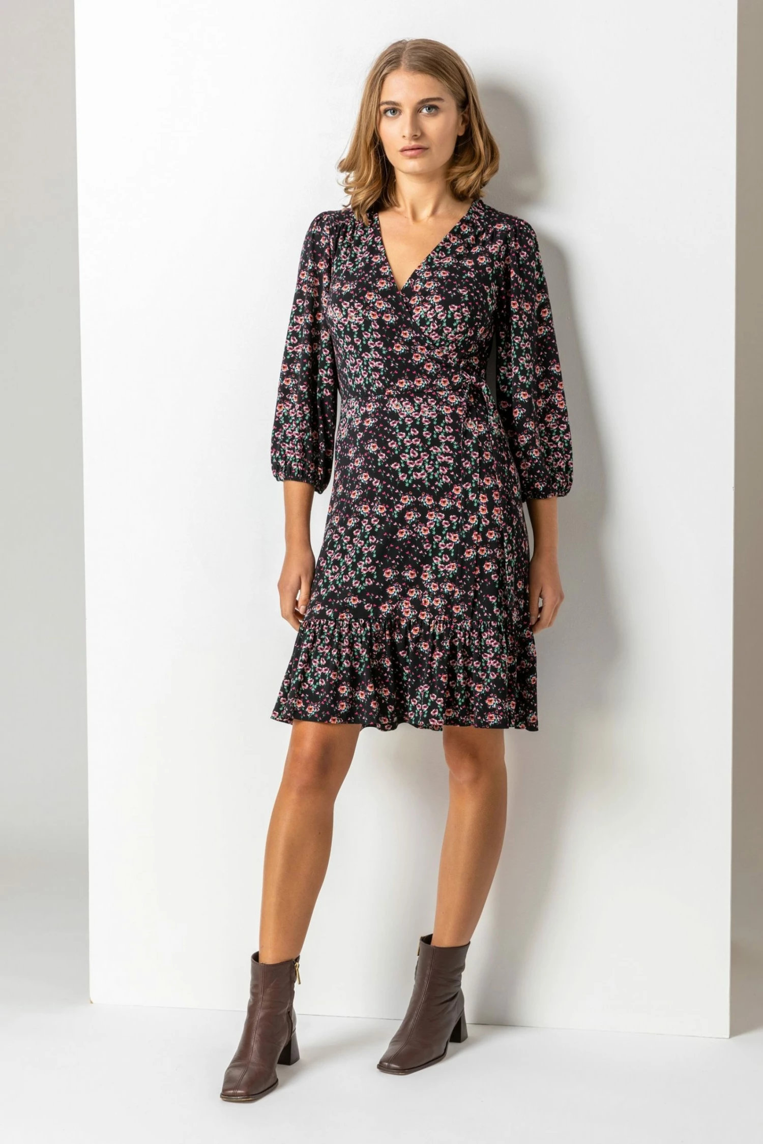 Roman Black Ditsy Floral Frilled Wrap Dress 3 Roman Black Ditsy Floral Frilled Wrap Dress