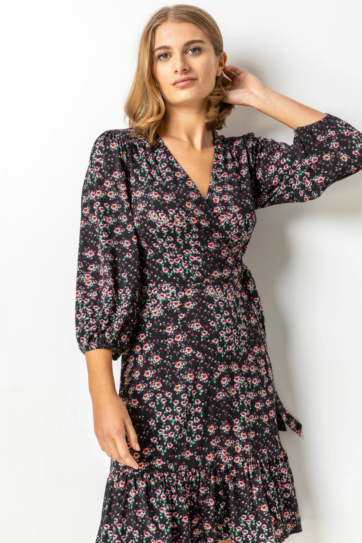 Roman Black Ditsy Floral Frilled Wrap Dress 5 Roman Black Ditsy Floral Frilled Wrap Dress - Image 3
