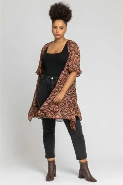 Roman Orange Curve Longline Paisley Print Kimono