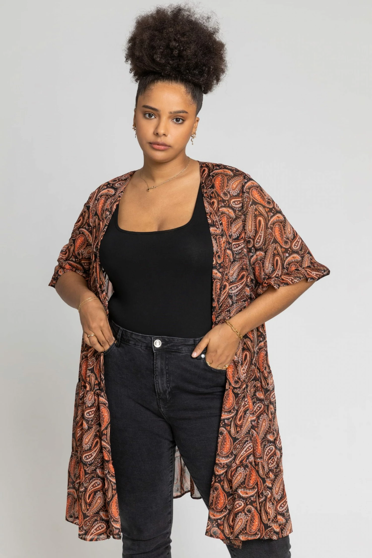 Roman Orange Curve Longline Paisley Print Kimono 5 Roman Orange Curve Longline Paisley Print Kimono - Image 3