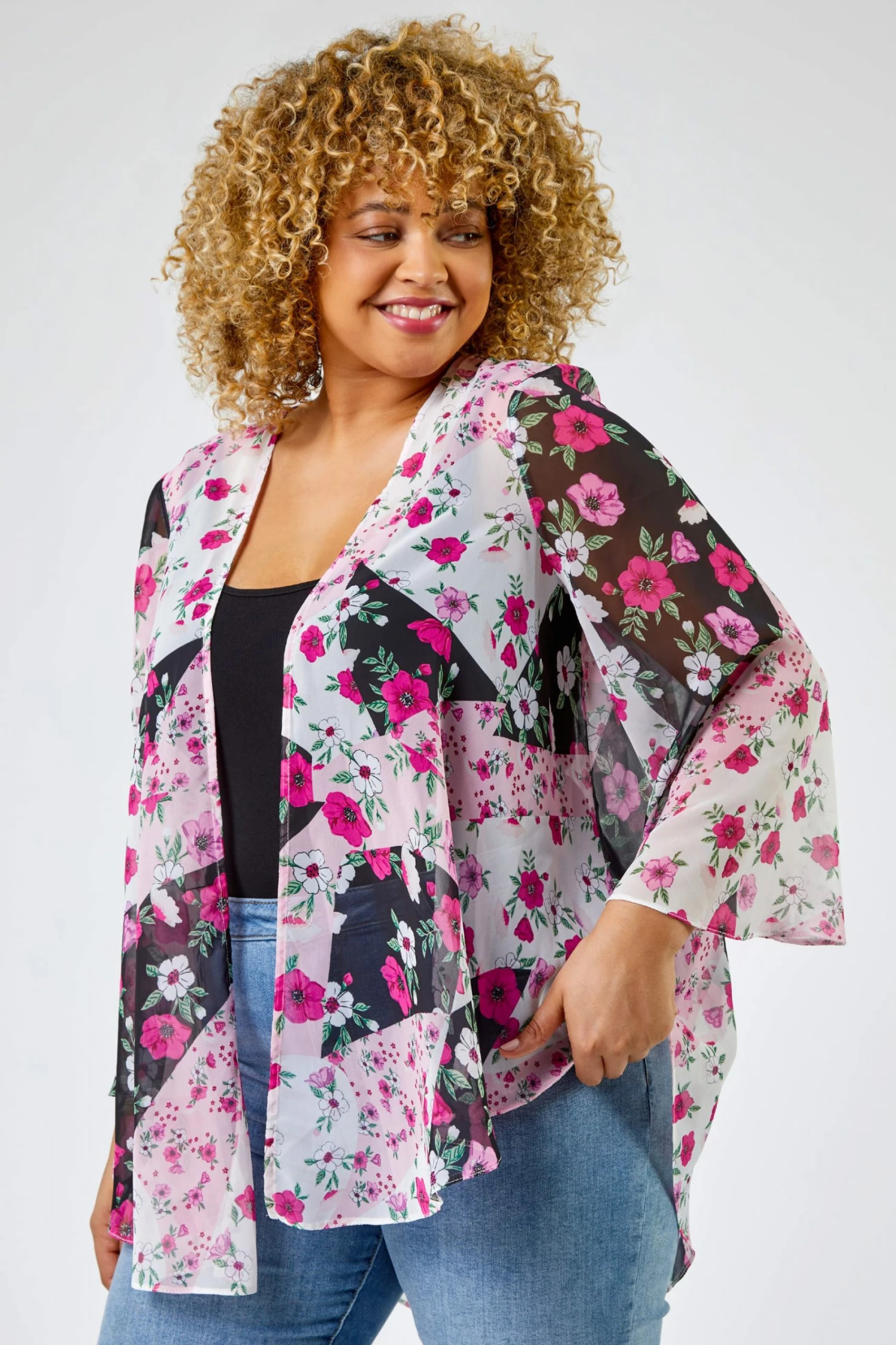 Roman Pink Curve Patchwork Floral Print Kimono 3 Roman Pink Curve Patchwork Floral Print Kimono