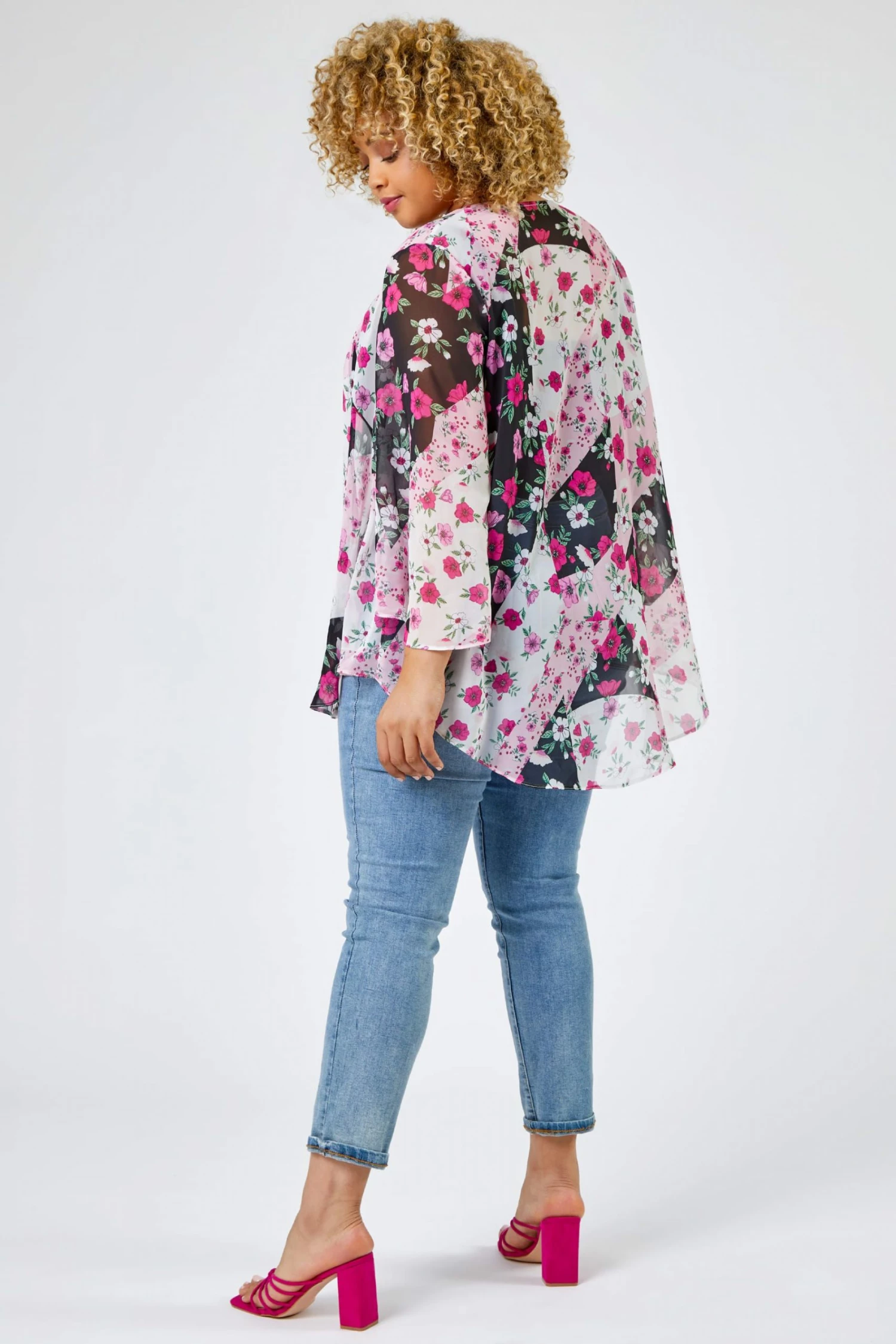Roman Pink Curve Patchwork Floral Print Kimono 4 Roman Pink Curve Patchwork Floral Print Kimono - Image 2