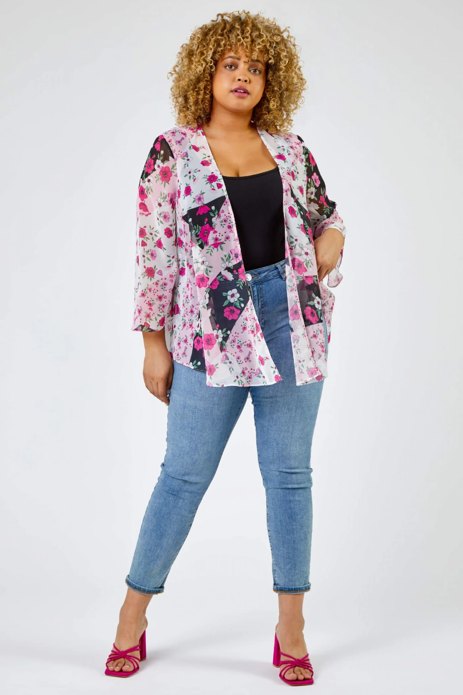 Roman Pink Curve Patchwork Floral Print Kimono 5 Roman Pink Curve Patchwork Floral Print Kimono - Image 3