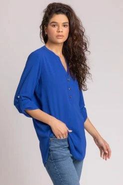 Roman Blue Longline Heart Button Detail Blouse