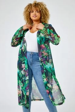 Roman Black Curve Tropical Print Longline Kimono