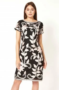 Roman Black Floral Contrast Tapework Dress