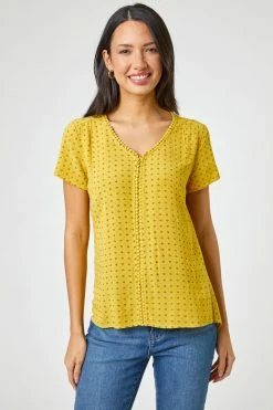 Roman Yellow Ditsy Embroidered Trim Detail Top