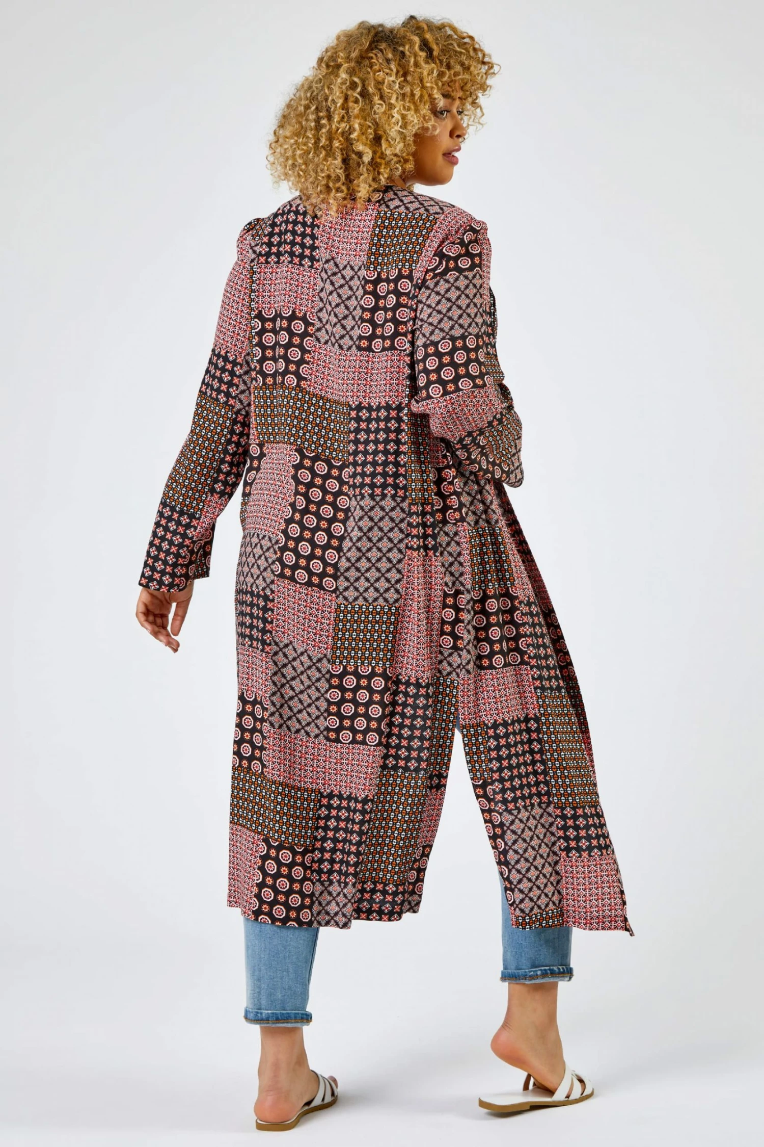 Roman Orange Curve Patchwork Geo Print Kimono 4 Roman Orange Curve Patchwork Geo Print Kimono - Image 2