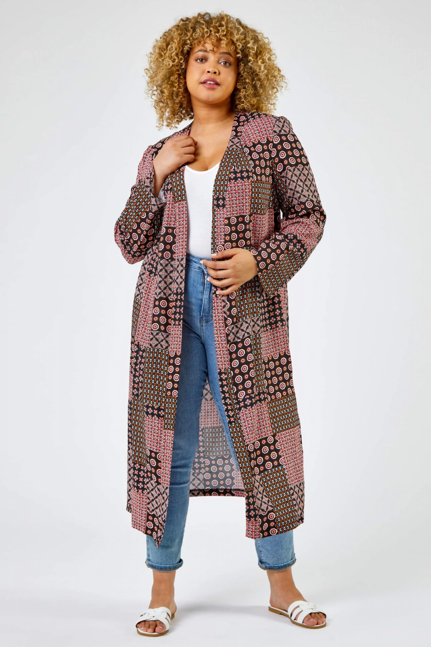 Roman Orange Curve Patchwork Geo Print Kimono 5 Roman Orange Curve Patchwork Geo Print Kimono - Image 3