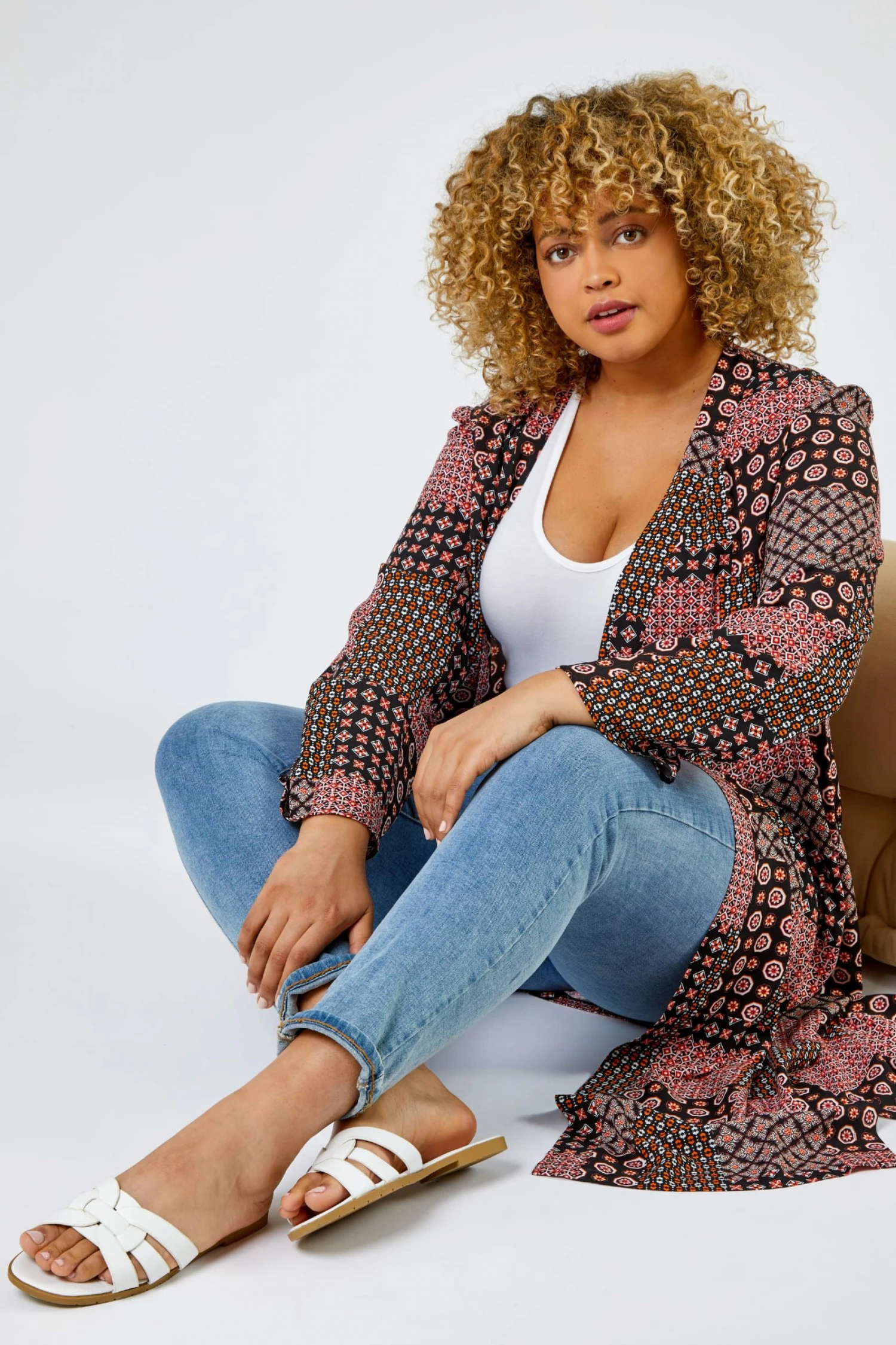 Roman Orange Curve Patchwork Geo Print Kimono 6 Roman Orange Curve Patchwork Geo Print Kimono - Image 4