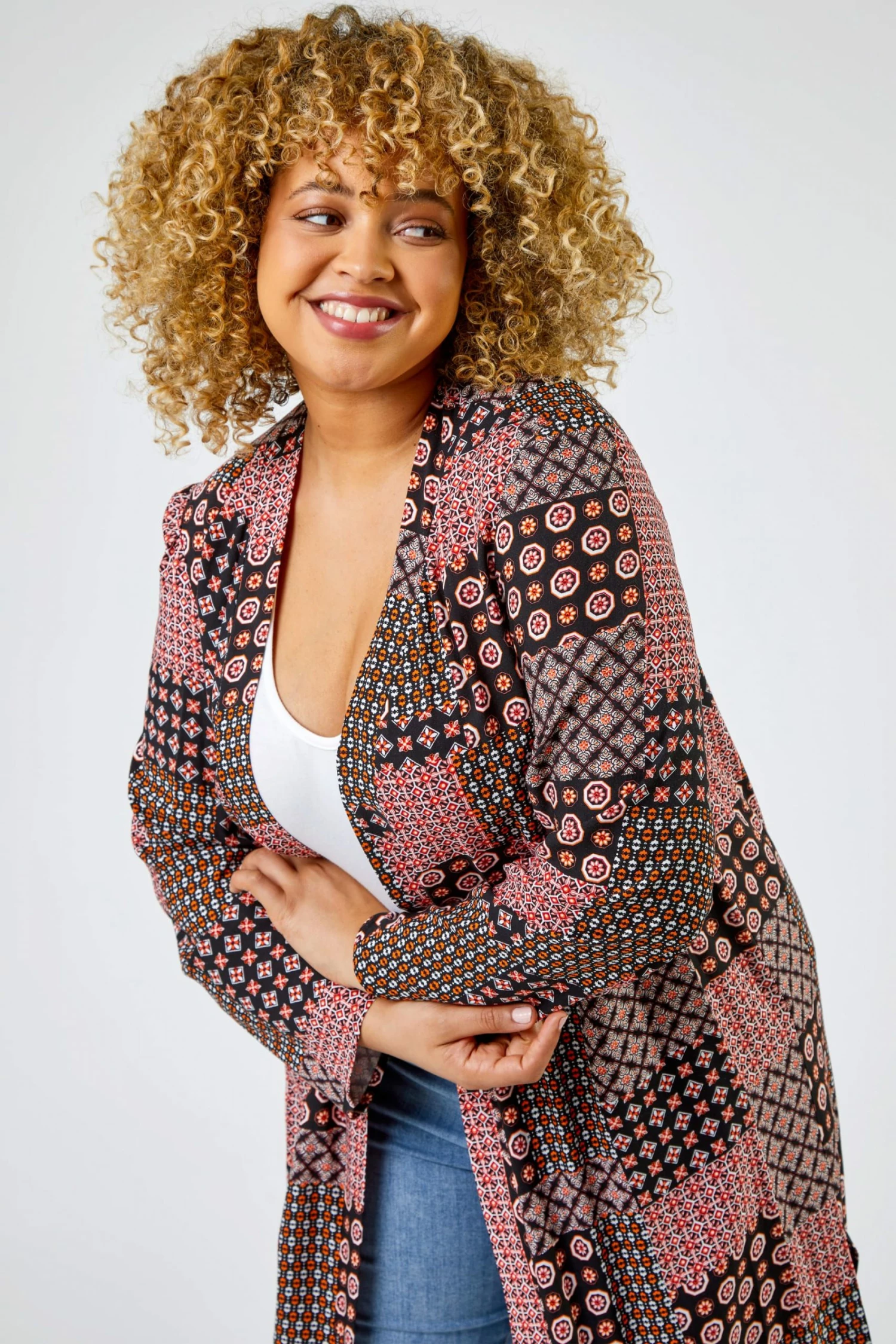 Roman Orange Curve Patchwork Geo Print Kimono 7 Roman Orange Curve Patchwork Geo Print Kimono - Image 5