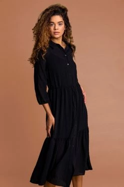 Roman Black Textured Button Through Midi Dress
