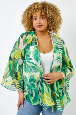 Roman Green Curve Tropical Leaf Print Kimono