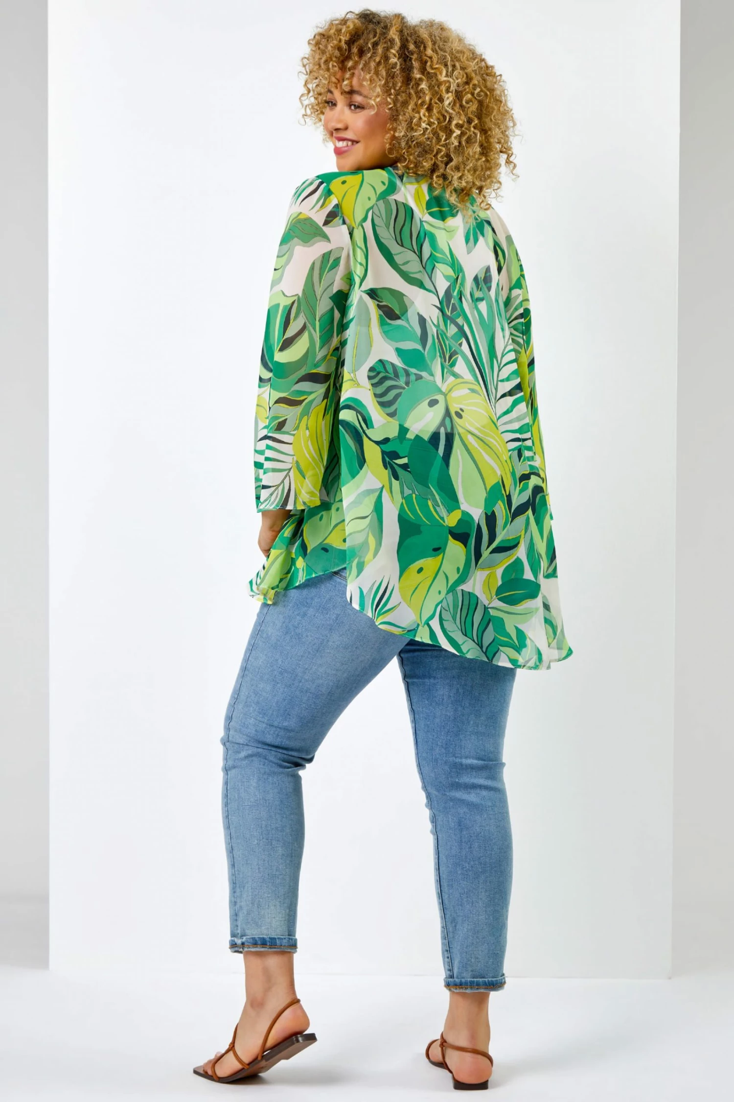 Roman Green Curve Tropical Leaf Print Kimono 4 Roman Green Curve Tropical Leaf Print Kimono - Image 2